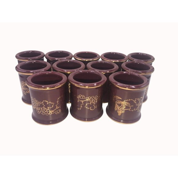 Set Of 12 Burgundy Deep Red & Metallic Gold Ceramic Napkin Rings - Picture 3 of 5
